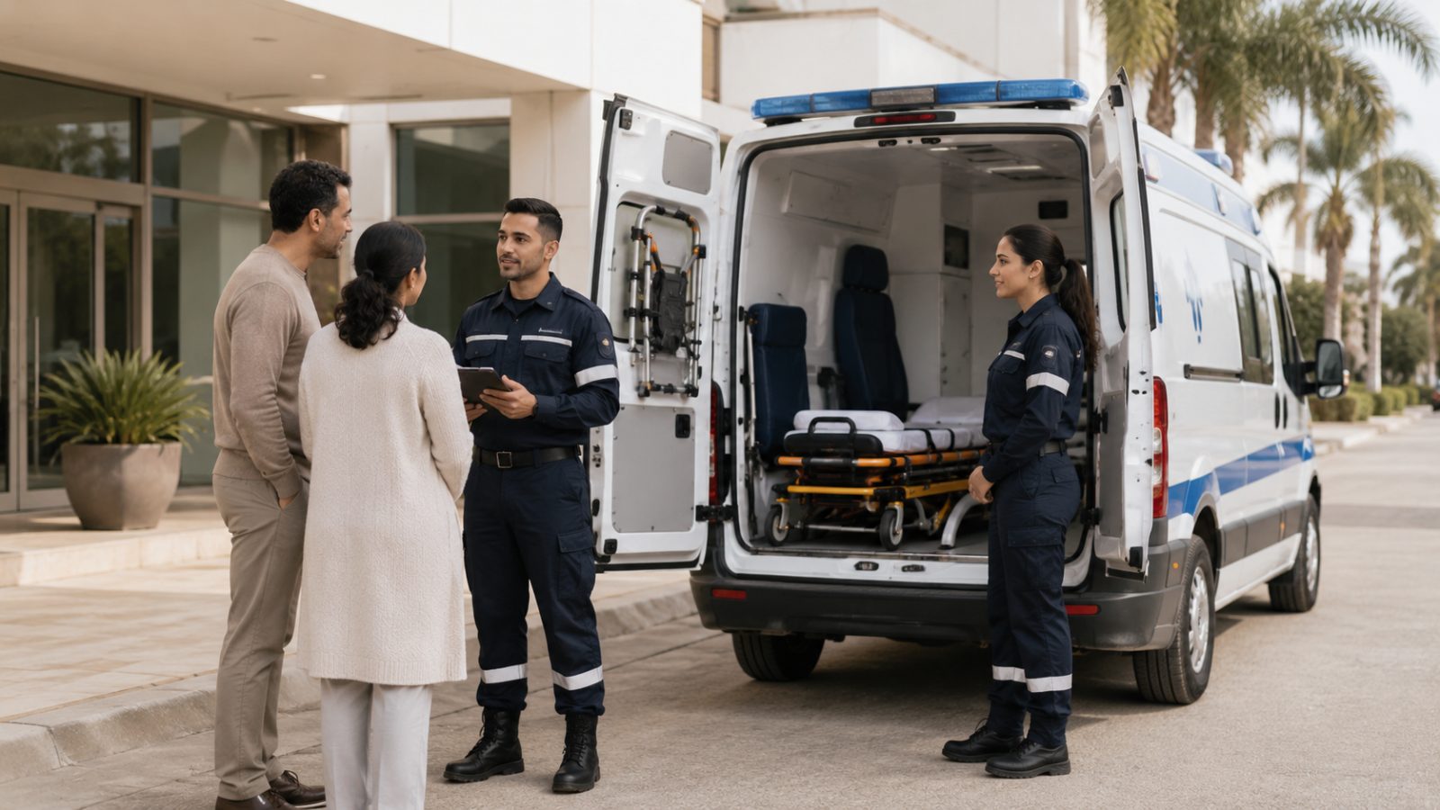 Équipe ambulancière échangeant avec une famille devant une ambulance
